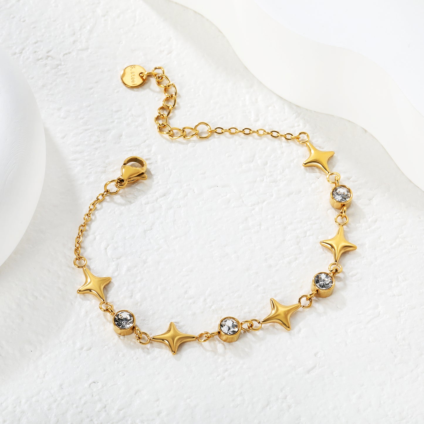 Wholesale Waterproof PVD Gold Star & Round CZ Charm Bracelet