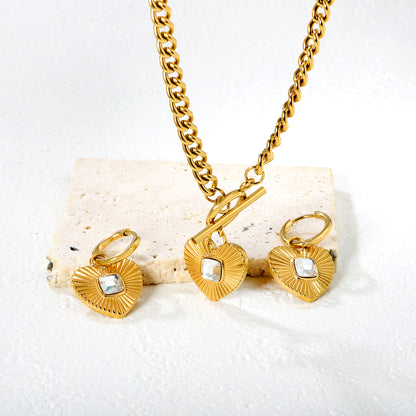 Wholesale Waterproof PVD Pave Heart Jewelry Set (Necklace/Earrings) White & Black & Green CZ