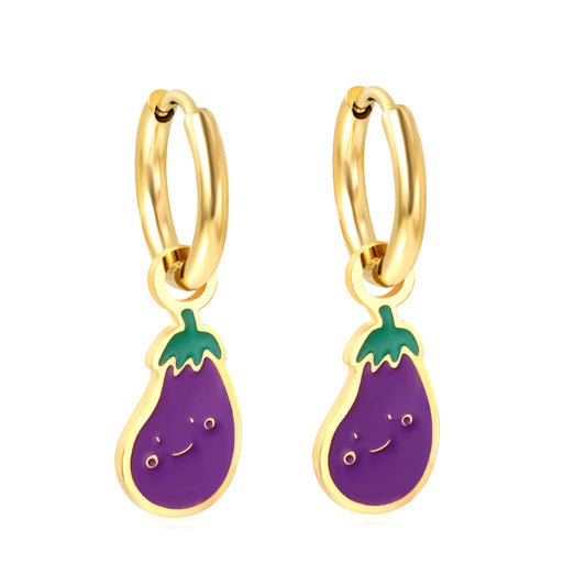 Wholesale 18K Gold Eggplant - style Enamel Drop Earrings Purple Delight