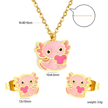 Stainless Steel Gold-Plated Little Monster Set & Cross Chain + Round Tag Jewelry Supplier