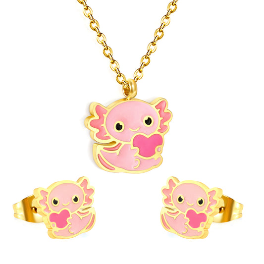 Stainless Steel Gold-Plated Little Monster Set & Cross Chain + Round Tag Jewelry Supplier