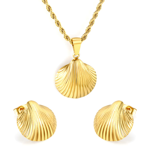 Stainless Steel Gold Shell Set & Twisted Chain + Round Pendant Jewelry Supplier