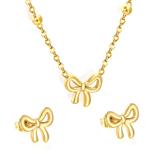 Stainless Steel Gold-Plated Bow Jewelry Set with Round Tag Jewelry Supplier