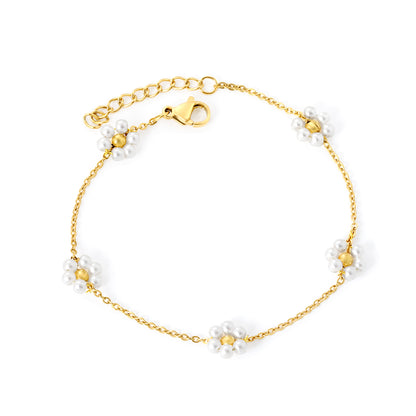 Wholesale Waterproof PVD Gold Pearl Flower & Steel Bead Bracelet