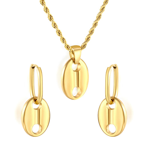 Stainless Steel Gold Coffee Bean Set & Twisted Chain + Round Pendant Jewelry Supplier