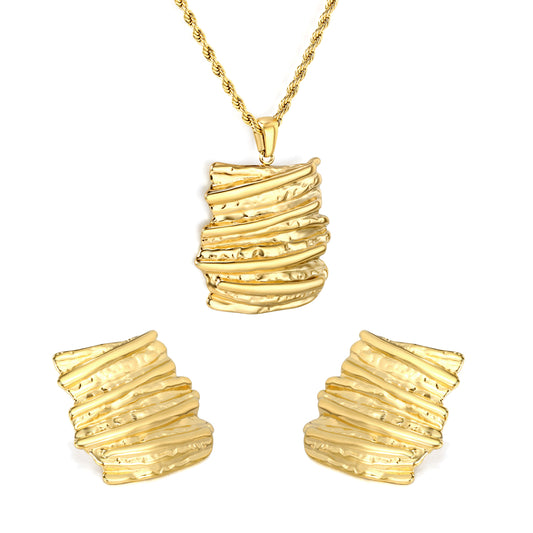 Stainless Steel Gold Bark Set & Twisted Chain + Round Pendant Jewelry Supplier