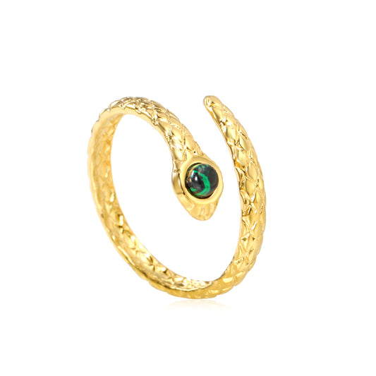 Wholesale Snake-Shaped Gemstone Open 18K Gold Stainless Steel Ring
