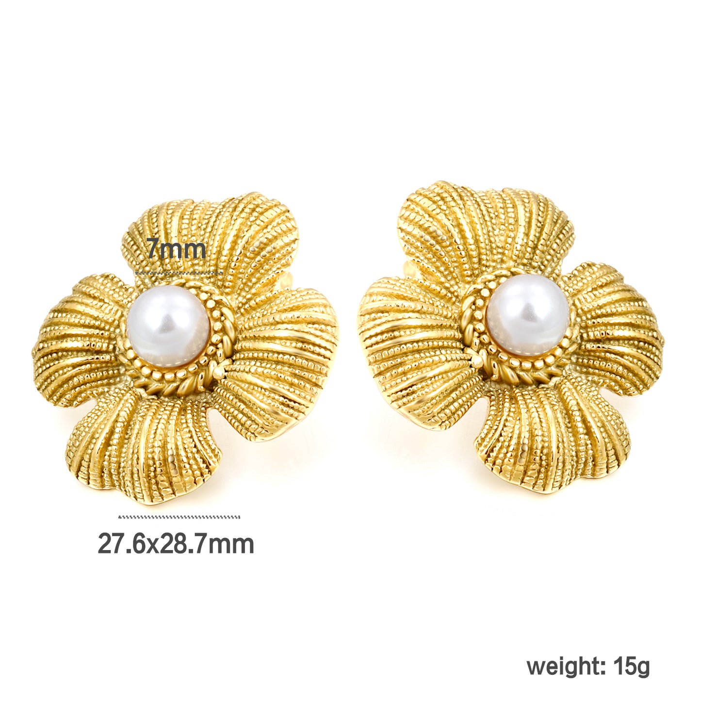 Wholesale Stainless Steel Textured Four Petal Leaf with White Gum Beads Earrings