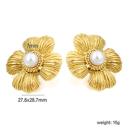 Wholesale Stainless Steel Textured Four Petal Leaf with White Gum Beads Earrings