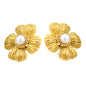 Wholesale Stainless Steel Textured Four Petal Leaf with White Gum Beads Earrings