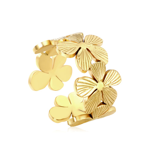 Wholesale Four-Leaf Cluster Open 18K Gold Stainless Steel Ring