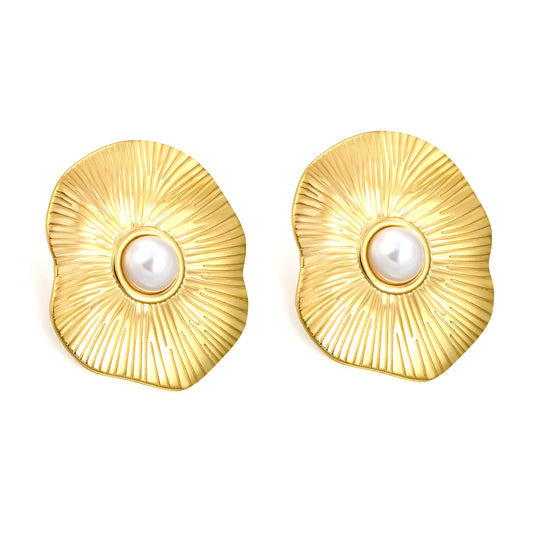 Wholesale Stainless Steel Ruffle with Half White Gum Bead Earrings