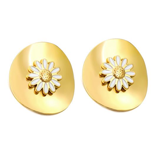 Wholesale Stainless Steel Oval Piece with White Drip Oil Daisy Earrings Fresh Design