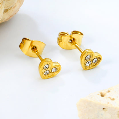 Wholesale stainless steel 18K gold plated heart-shaped white diamonds stick ordinary pin earrings