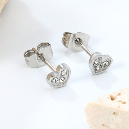 Wholesale stainless steel 18K gold plated heart-shaped white diamonds stick ordinary pin earrings