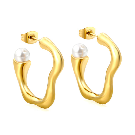 Wholesale Stainless Steel Wave C-Shape Earrings with White Gum Beads Sleek Design