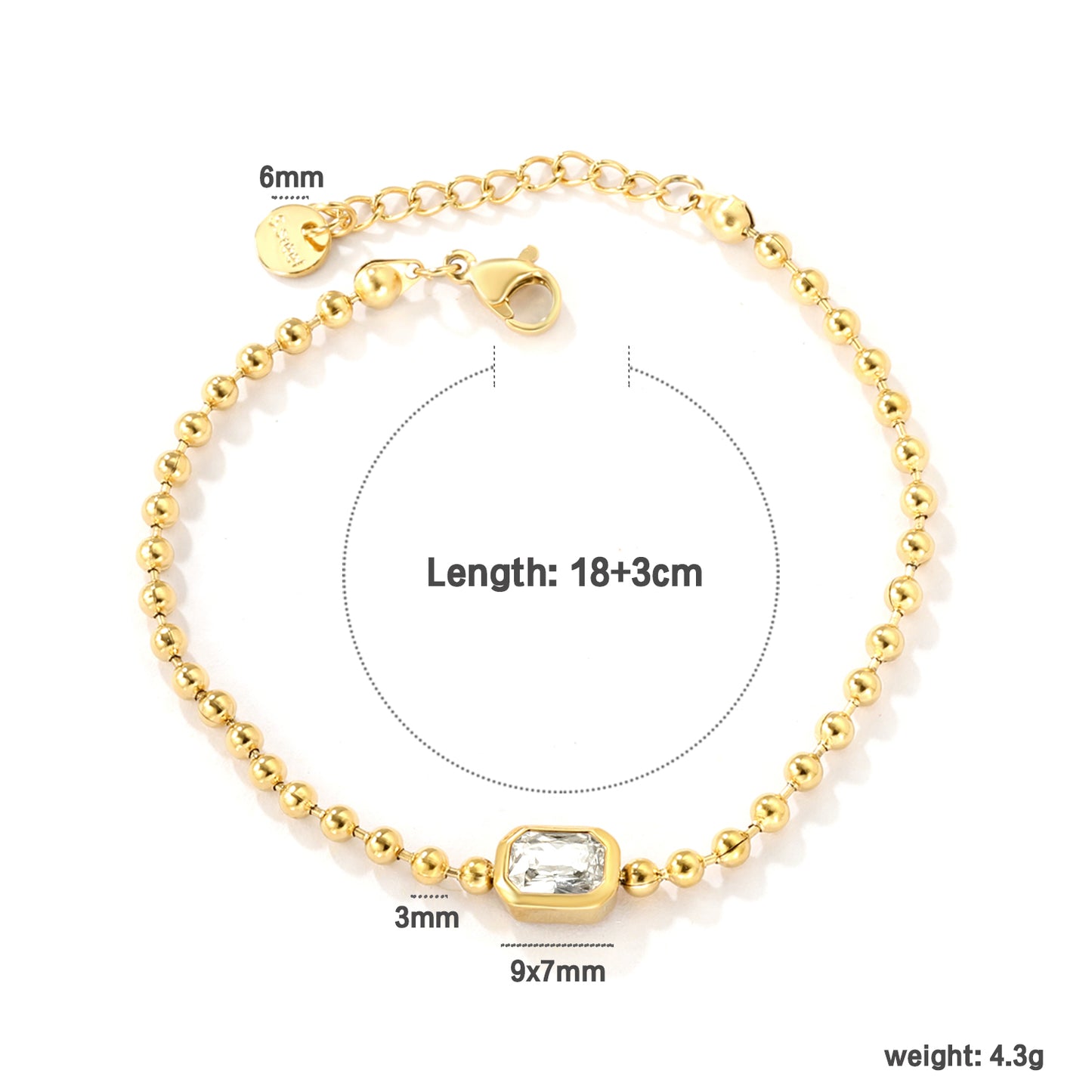 Wholesale 18K Gold-Plated Steel Ball Chain Bracelet with Gemstone Inlay