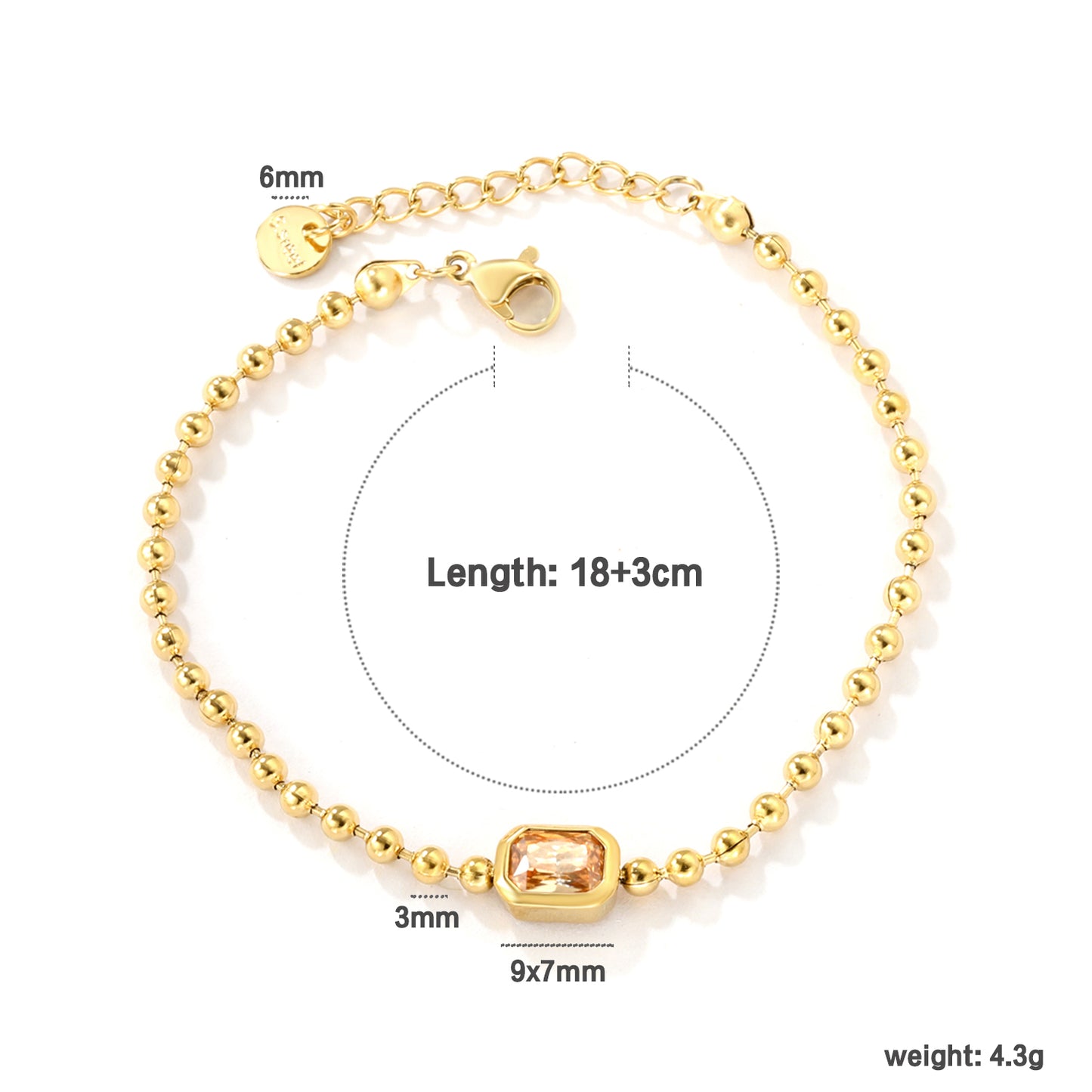 Wholesale 18K Gold-Plated Steel Ball Chain Bracelet with Gemstone Inlay