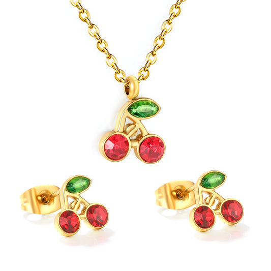 Wholesale 18K Gold Plated Cherry Jewelry Set Ruby & Emerald Accent Necklace Earrings Festive Celebration