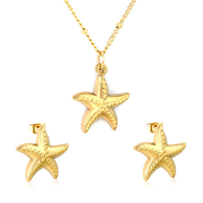 Wholesale 18K Gold Plated Starfish Jewelry Set Textured Surface Necklace Earrings Industrial Coastal