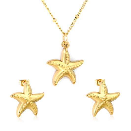 Wholesale 18K Gold Plated Starfish Jewelry Set Textured Surface Necklace Earrings Industrial Coastal