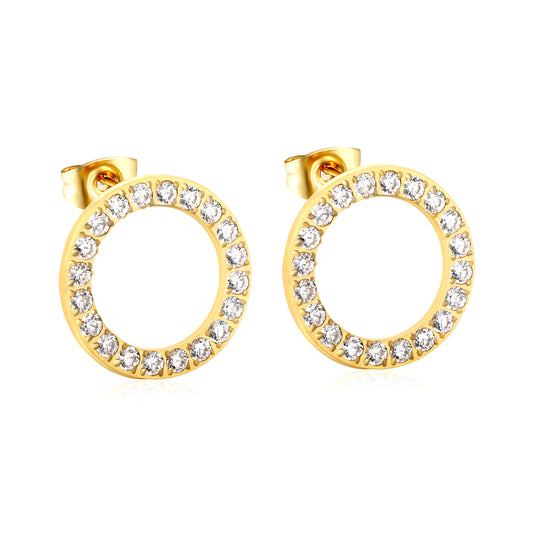 Wholesale Waterproof PVD Gold CNC CZ Hollow Circle Stud Earrings