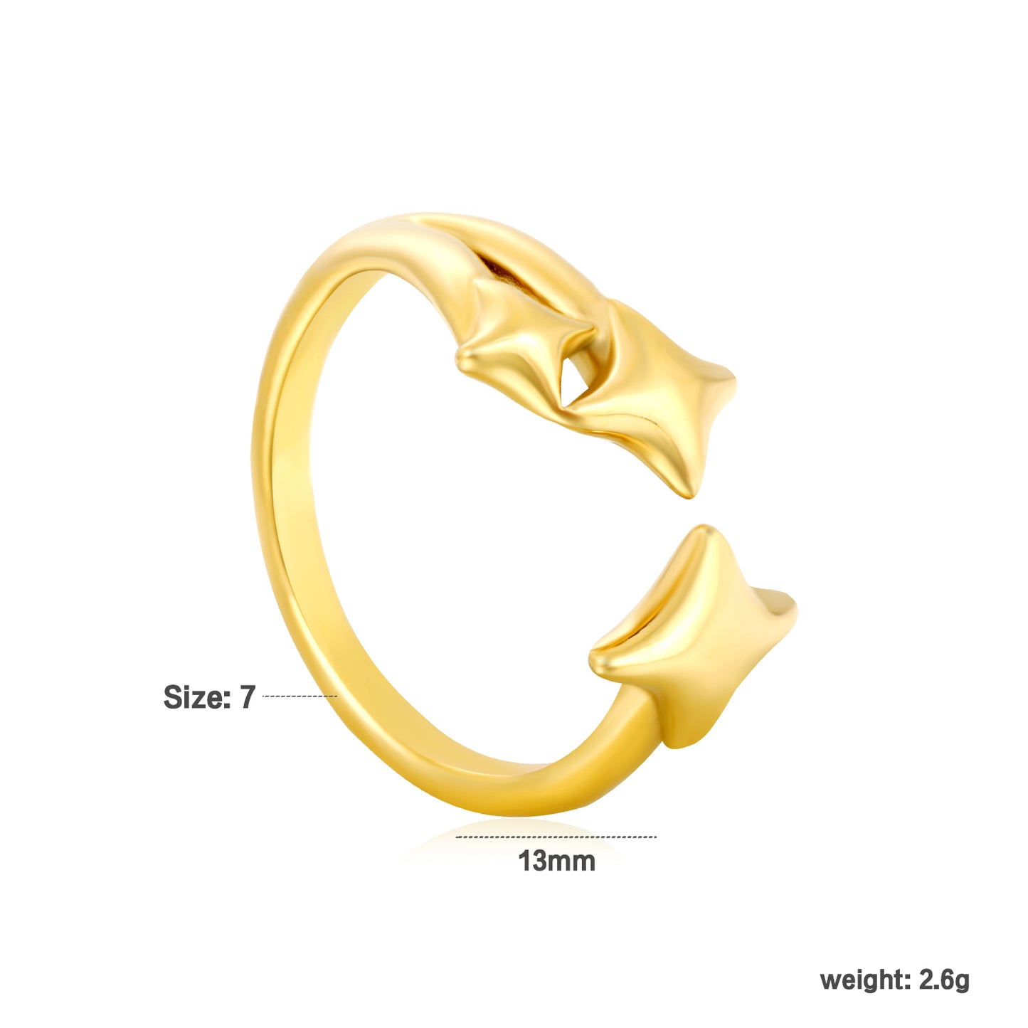 Wholesale Waterproof PVD Gold 13mm Three Lucky Stars Open Ring