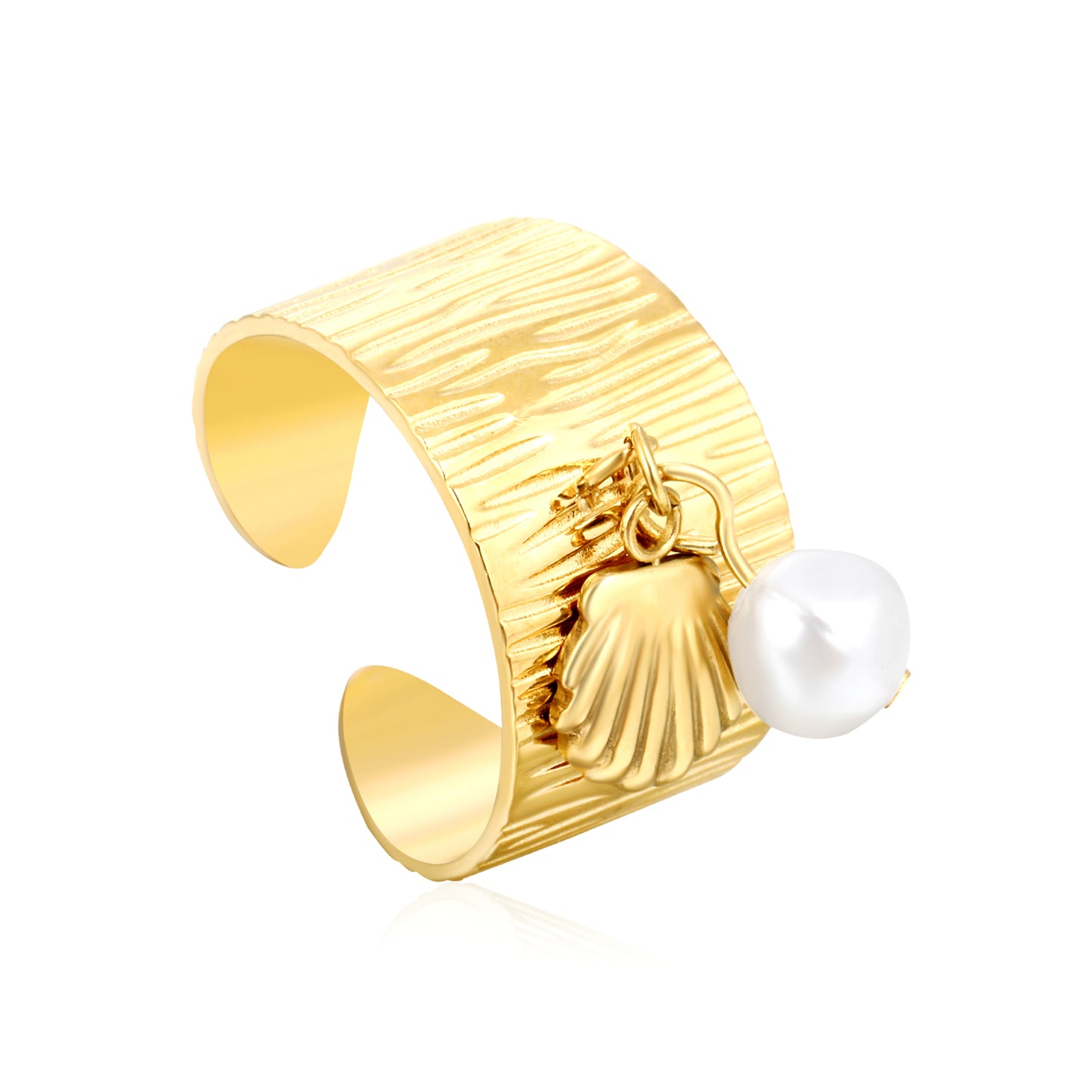 Wholesale Waterproof PVD Irregular Pearl Open Ring with Charm (Heart/Butterfly)