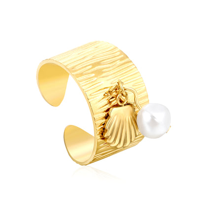 Wholesale Waterproof PVD Irregular Pearl Open Ring with Charm (Heart/Butterfly)