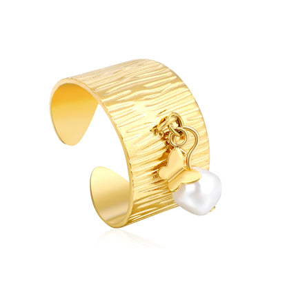 Wholesale Waterproof PVD Irregular Pearl Open Ring with Charm (Heart/Butterfly)
