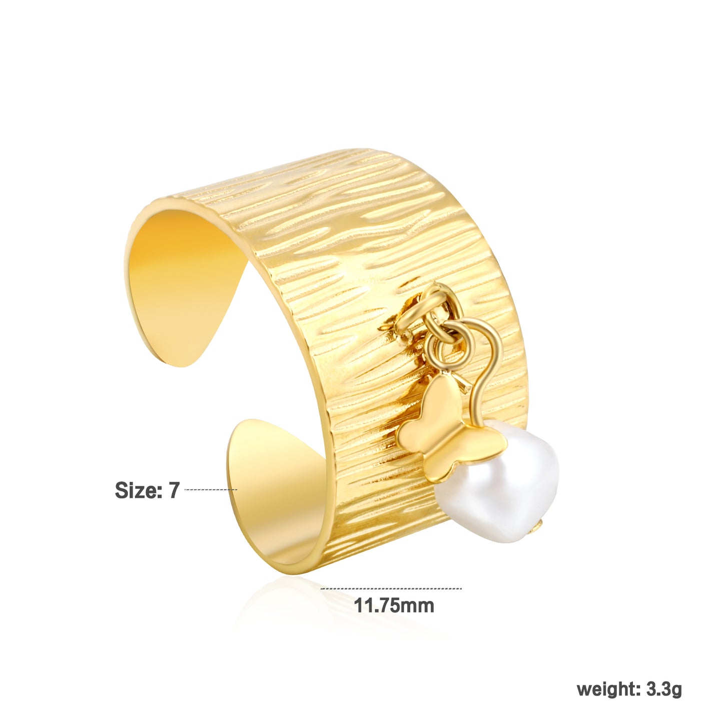 Wholesale Waterproof PVD Irregular Pearl Open Ring with Charm (Heart/Butterfly)
