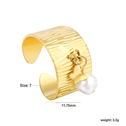 Wholesale Waterproof PVD Irregular Pearl Open Ring with Charm (Heart/Butterfly)