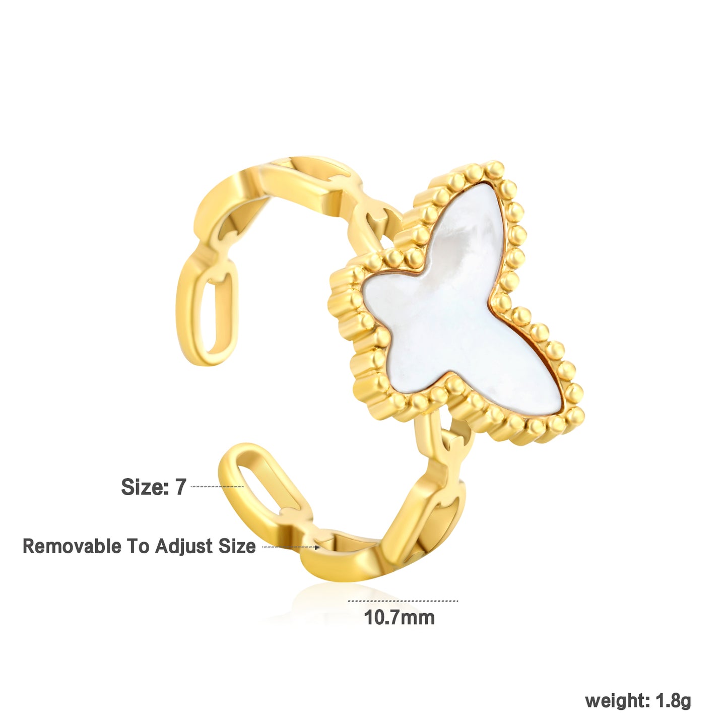 Wholesale Waterproof PVD Gold Butterfly Open Ring (Malachite/Shell/Acrylic)