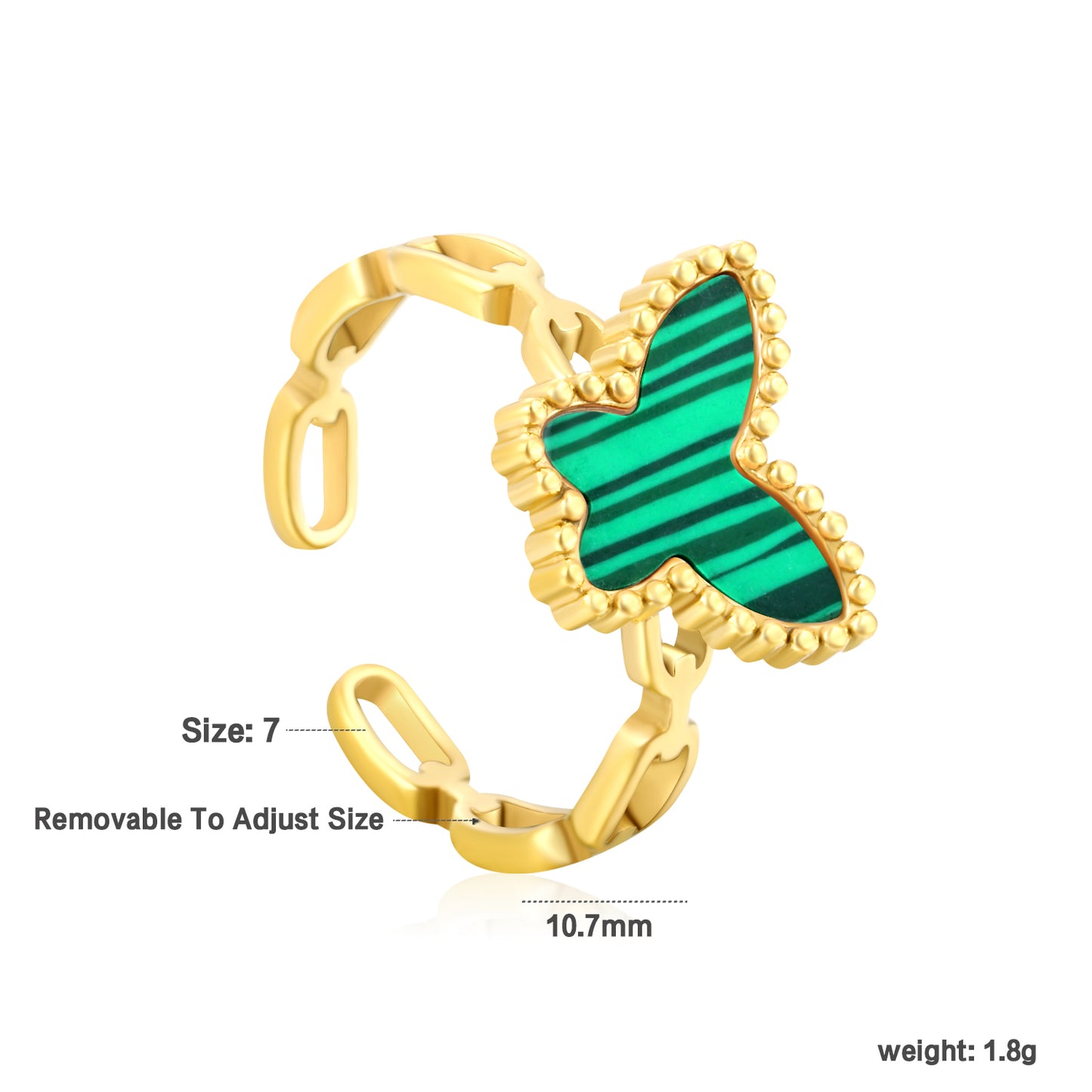 Wholesale Waterproof PVD Gold Butterfly Open Ring (Malachite/Shell/Acrylic)