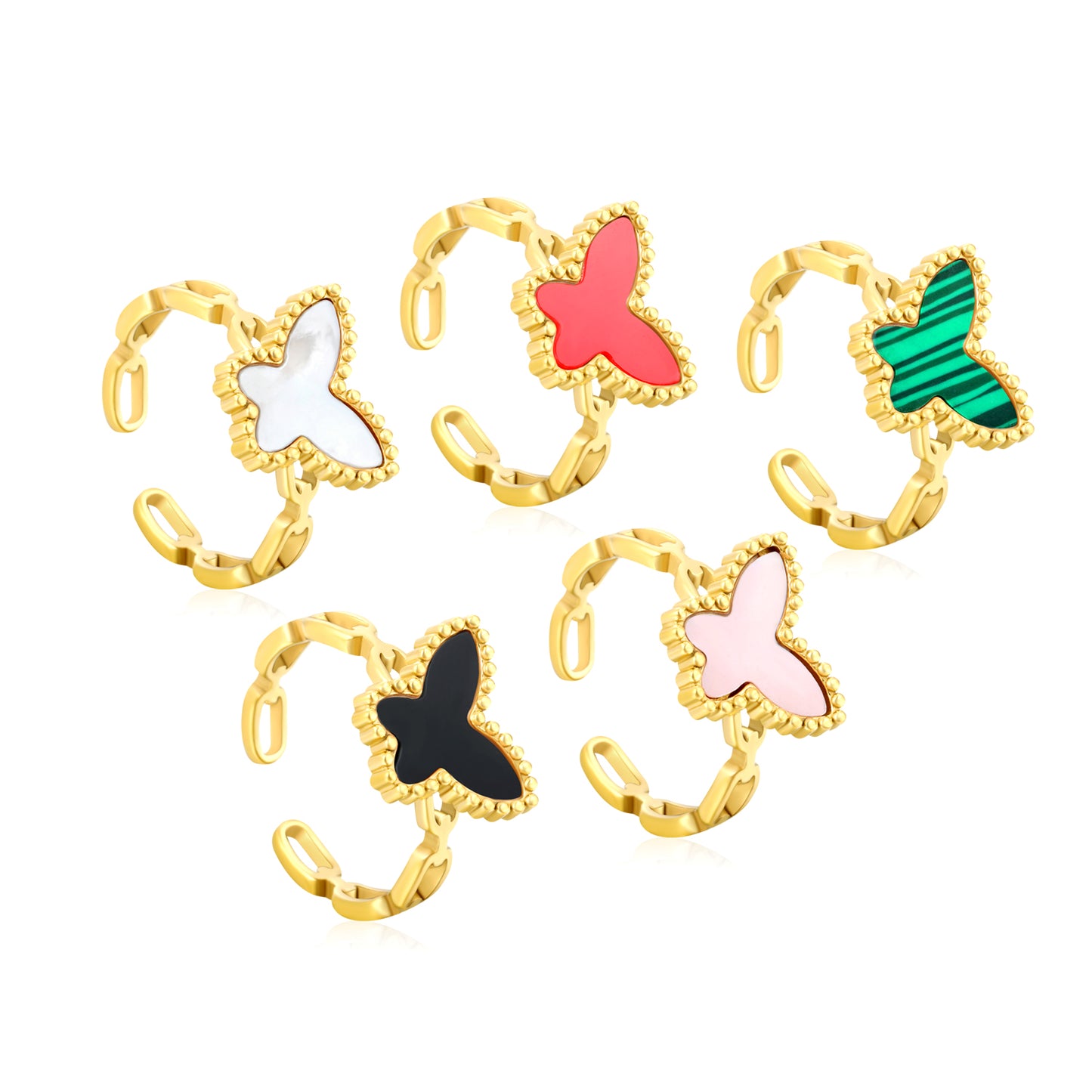 Wholesale Waterproof PVD Gold Butterfly Open Ring (Malachite/Shell/Acrylic)