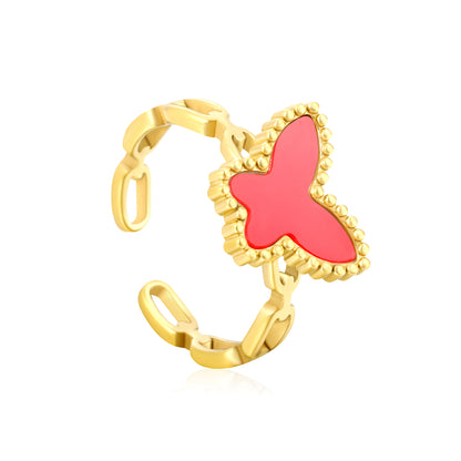 Wholesale Waterproof PVD Gold Butterfly Open Ring (Malachite/Shell/Acrylic)
