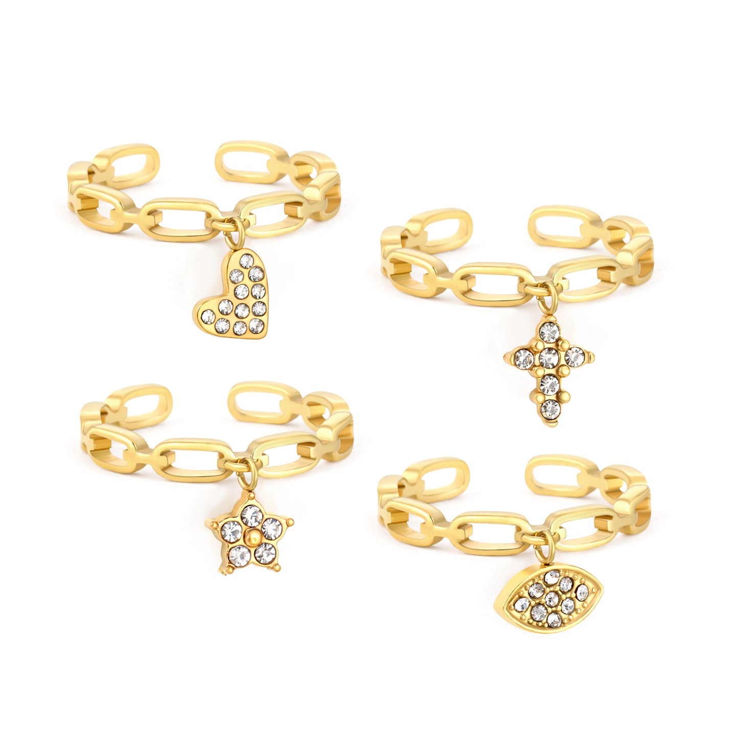 Wholesale Waterproof PVD Open Ring with Pave CZ Dangling Pendants (4 Styles)