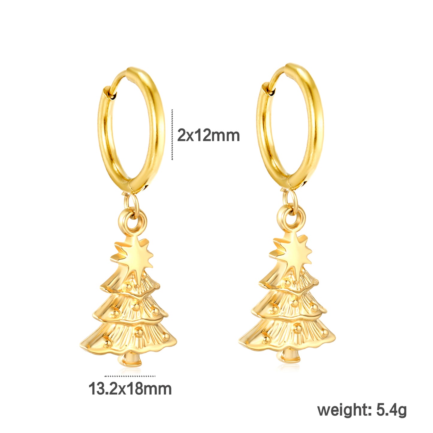 Bulk Waterproof PVD Gold Christmas Tree Charm Hoop Earrings