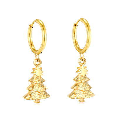 Bulk Waterproof PVD Gold Christmas Tree Charm Hoop Earrings