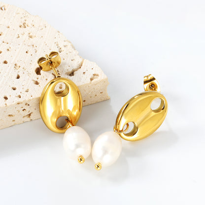 Golden pig nose + oval freshwater pearl accessories earrings jewelry supplier