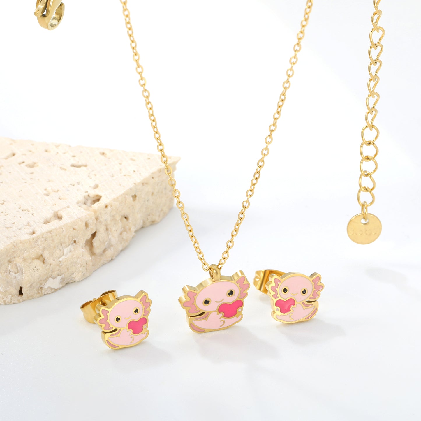 Stainless Steel Gold-Plated Little Monster Set & Cross Chain + Round Tag Jewelry Supplier