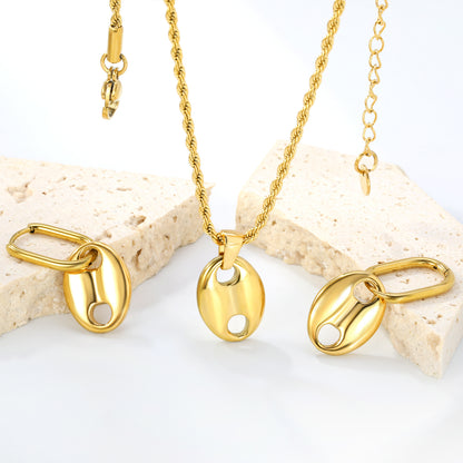 Stainless Steel Gold Coffee Bean Set & Twisted Chain + Round Pendant Jewelry Supplier