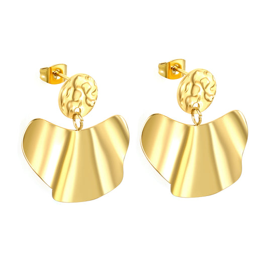 Wholesale Stainless Steel Elegant Textured Round Disc & Pleated Fan-Shaped Earrings