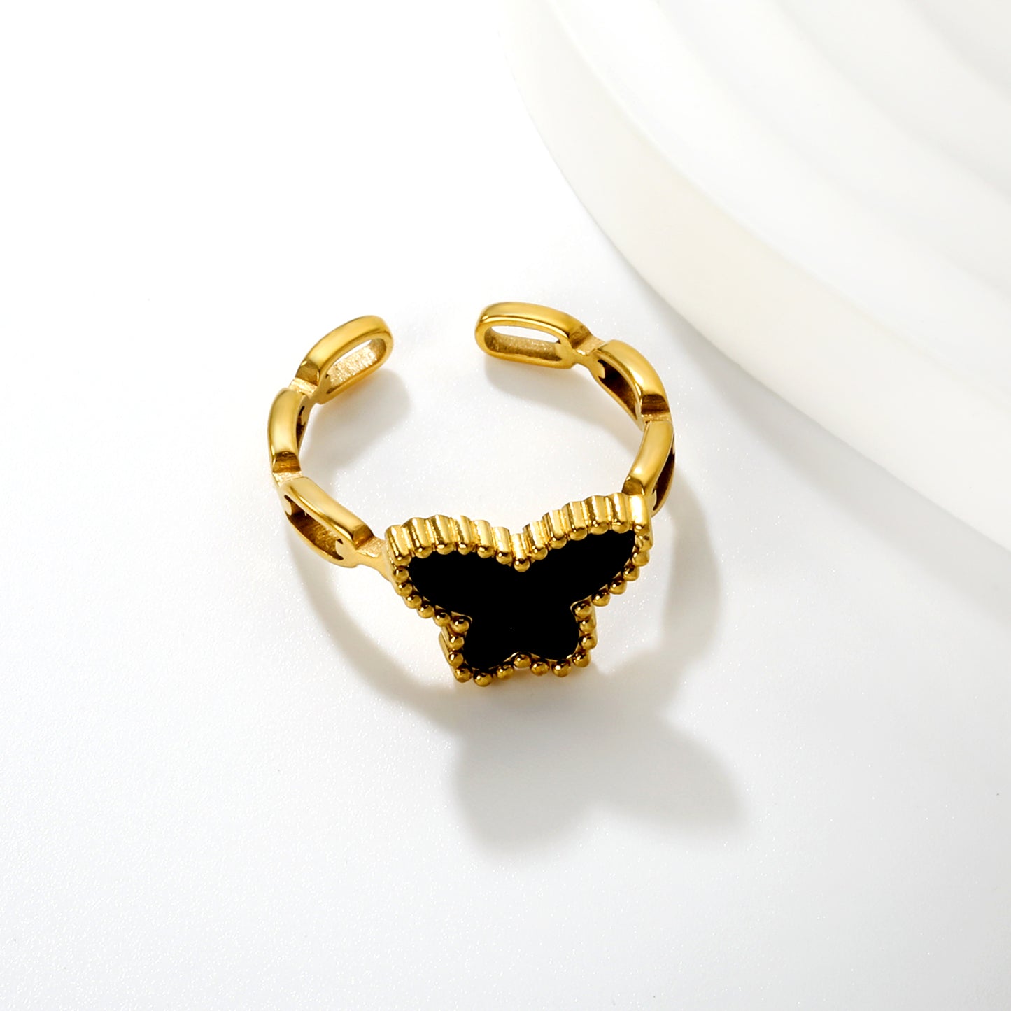 Wholesale Waterproof PVD Gold Butterfly Open Ring (Malachite/Shell/Acrylic)