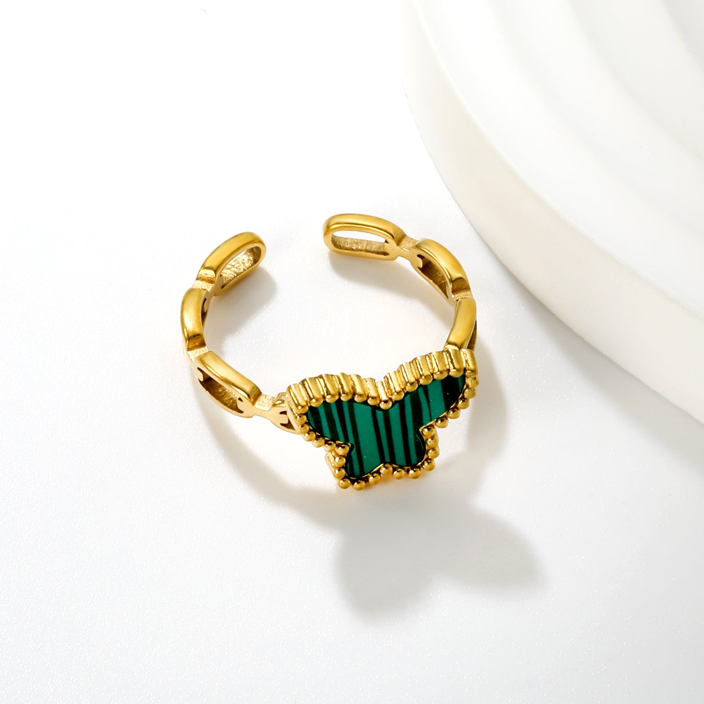 Wholesale Waterproof PVD Gold Butterfly Open Ring (Malachite/Shell/Acrylic)