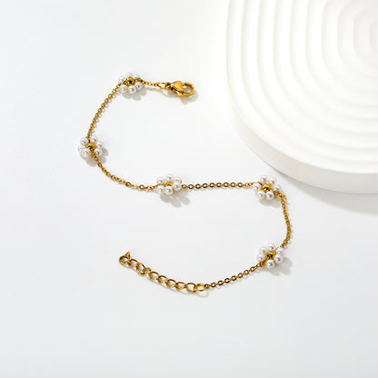 Wholesale Waterproof PVD Gold Pearl Flower & Steel Bead Bracelet