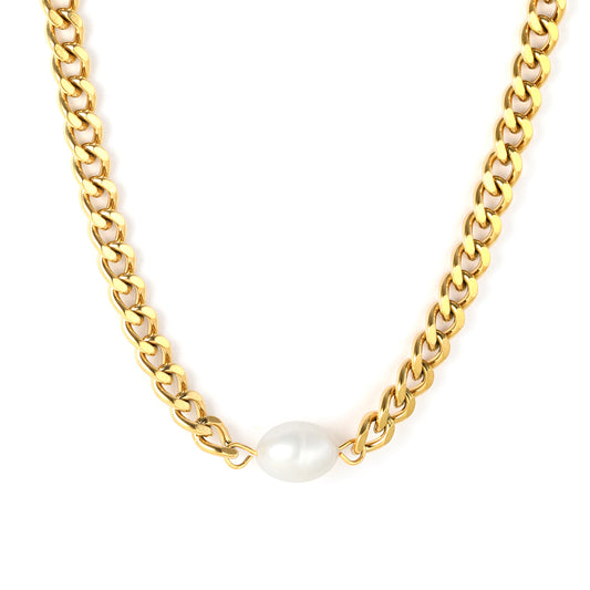 Wholesale 18K Gold Plated Cuban Chain Pearl Pendant Necklace Industrial Soft Contrast Luxury