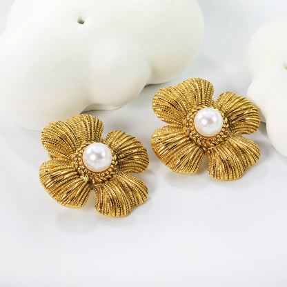 Wholesale Stainless Steel Textured Four Petal Leaf with White Gum Beads Earrings