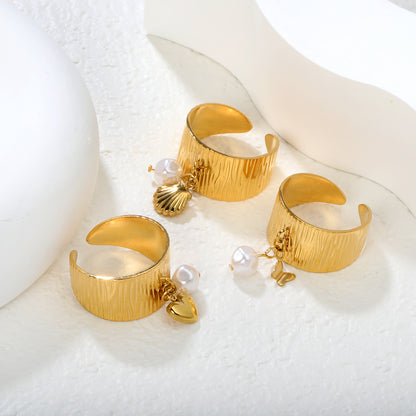 Wholesale Waterproof PVD Irregular Pearl Open Ring with Charm (Heart/Butterfly)