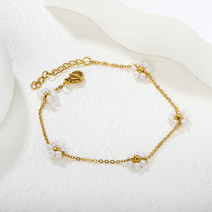 Wholesale Waterproof PVD Gold Pearl Flower & Steel Bead Bracelet